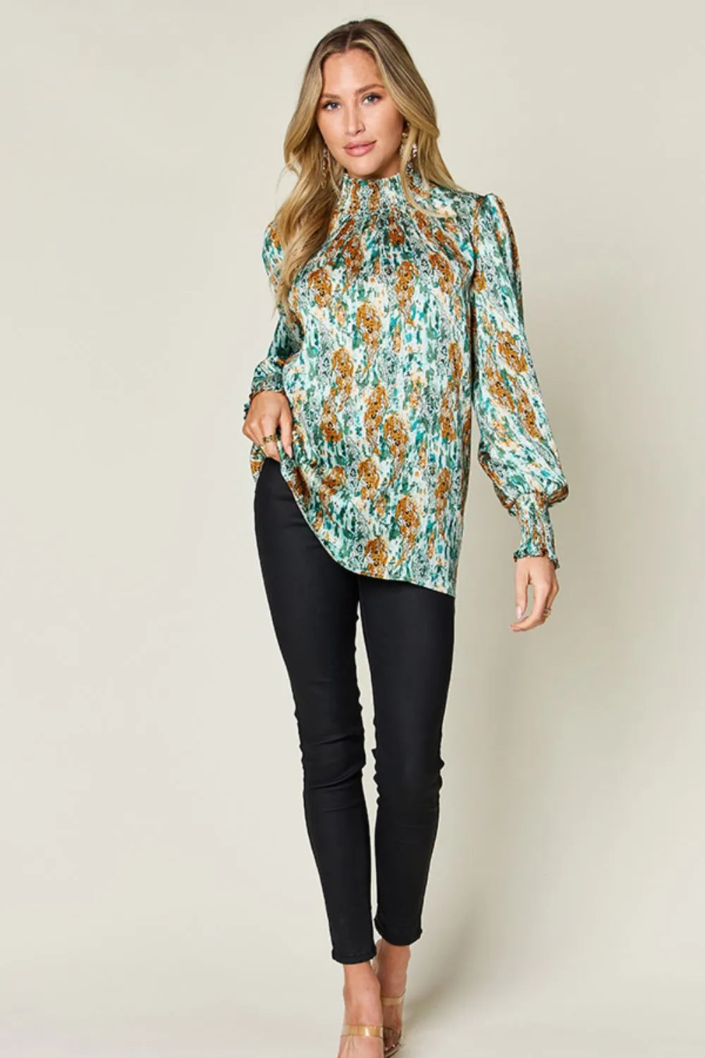 Double Take Printed Frill Smocked Long Sleeve Blouse, view 32