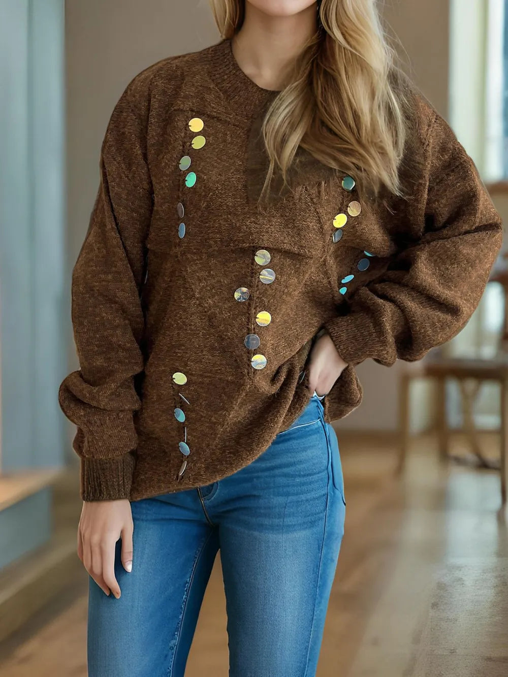 Sequin Mock Neck Long Sleeve Sweater view 7