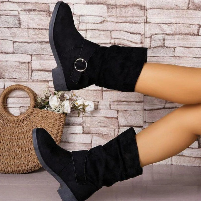 Suede round toe block heel boots front view