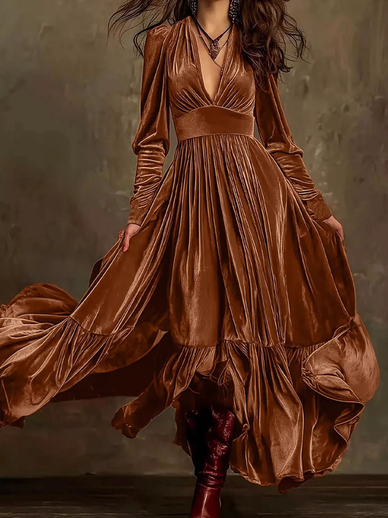 Brown velvet V neck long sleeve ruffle dress front view