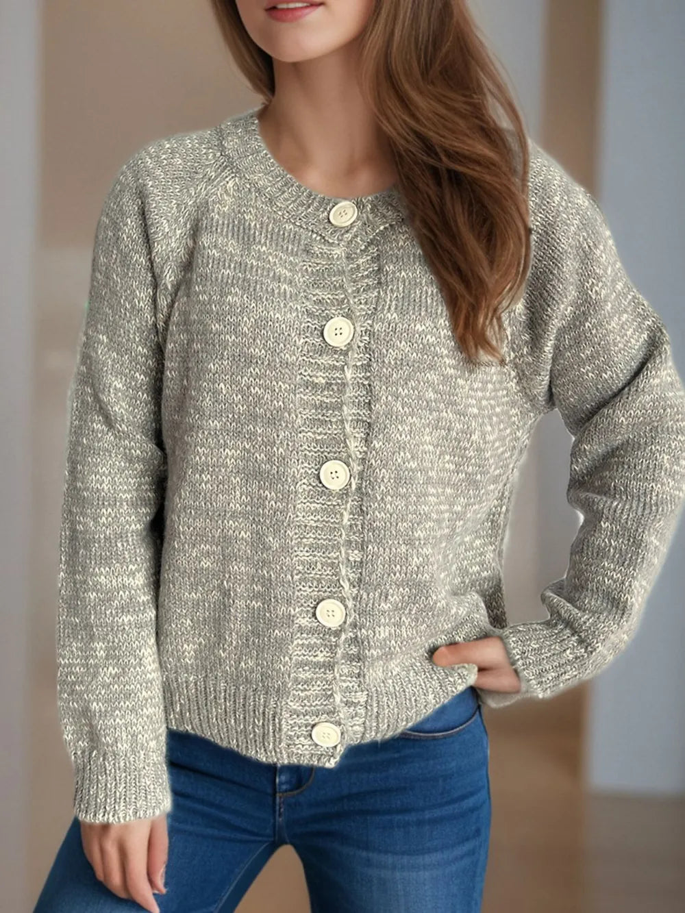Heathered Button Down Long Sleeve Cardigan Gray One Size - Fashorio