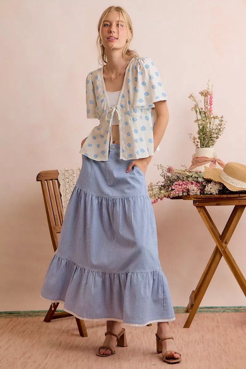 Ivory and blue shell print tie front flutter sleeve blouse detail view