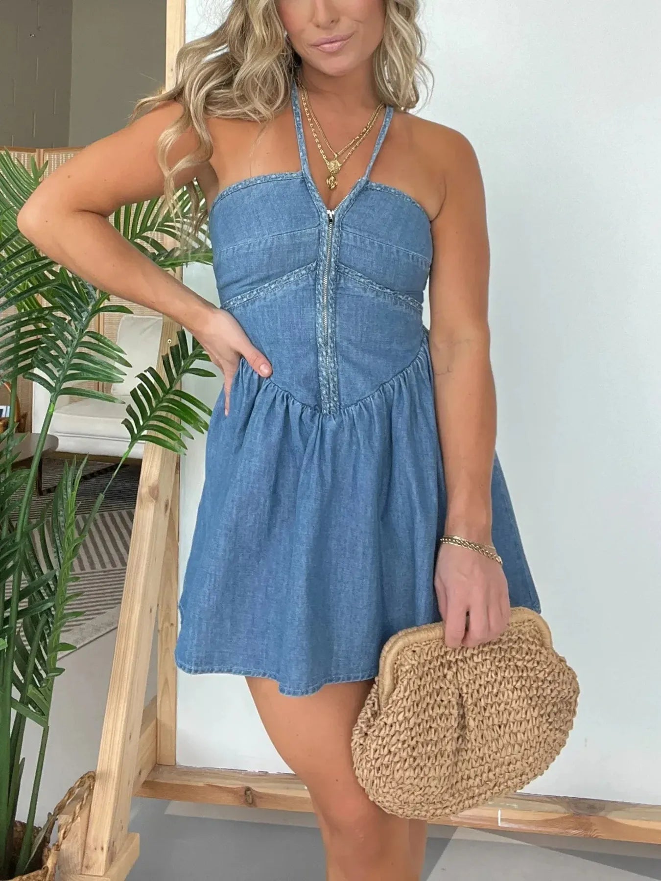 Full Size Lace Up Halter Neck Denim Dress Plus Size - Fashorio