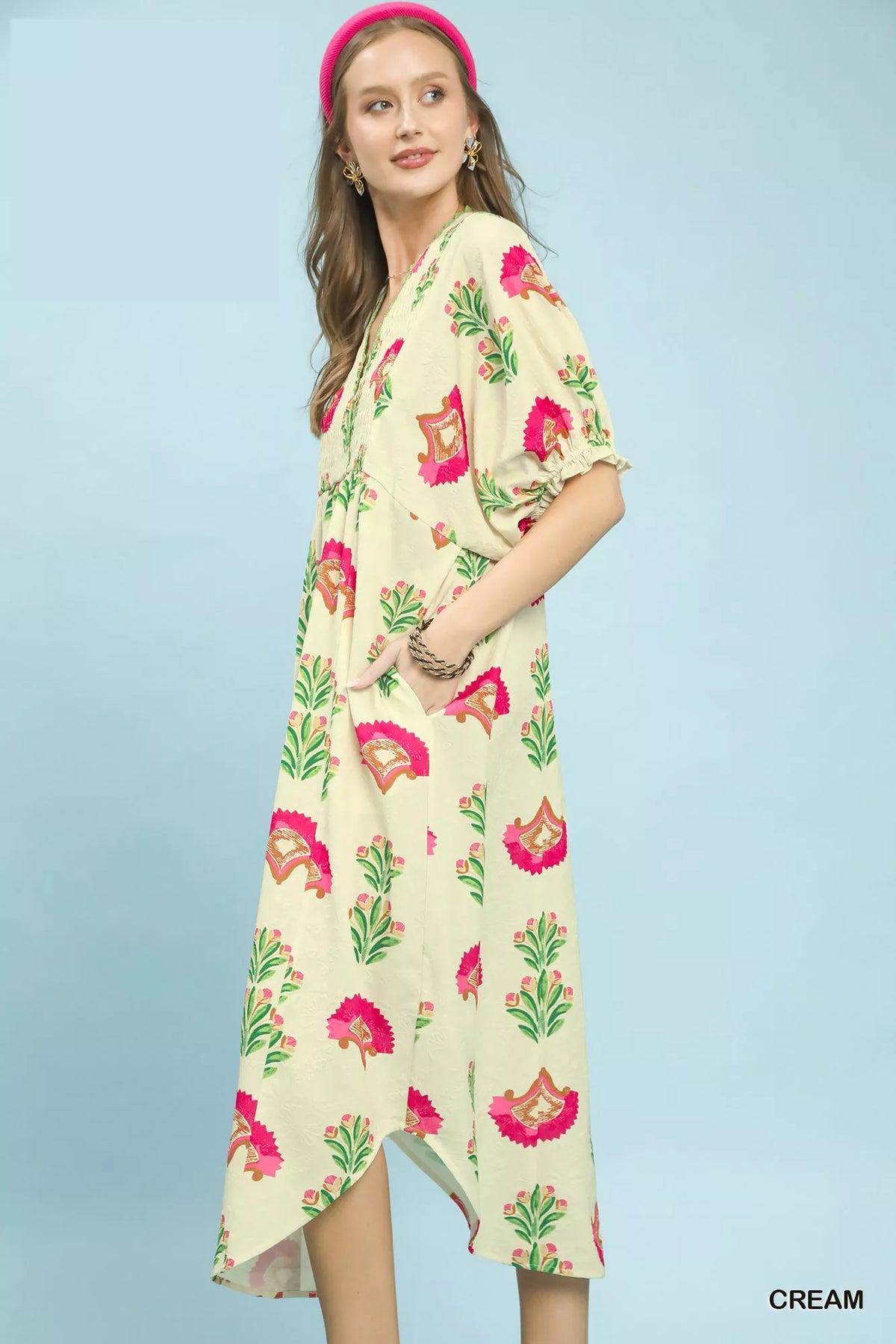 Abstract Print V Neck Midi Dress side view