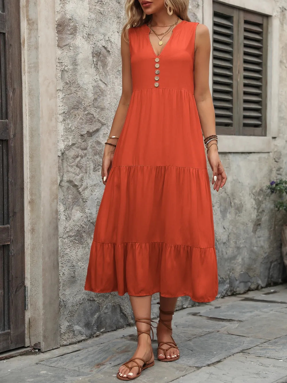 Ivy Lane Decorative Button Notched Sleeveless Dress - Fashorio