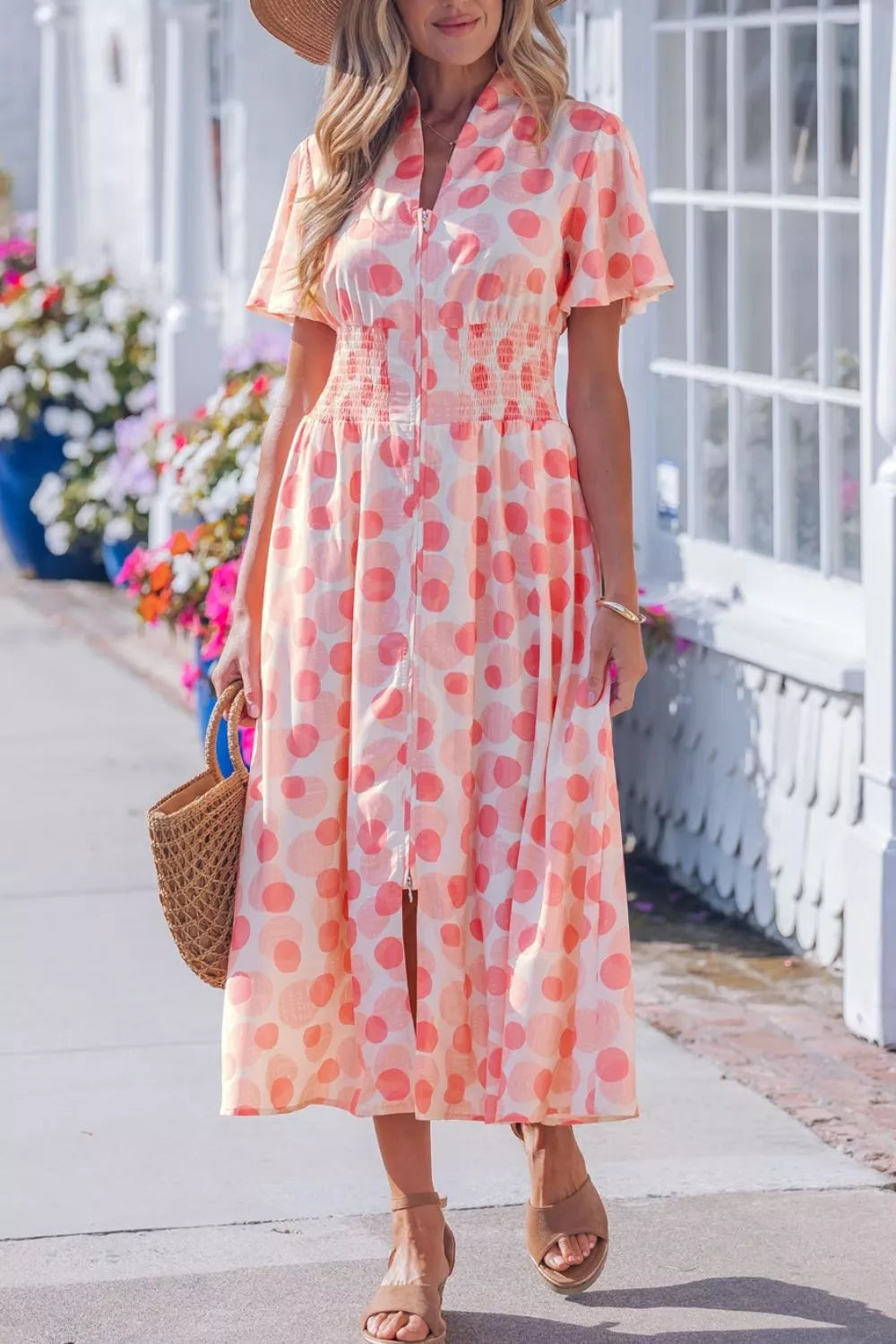 Polka dot puff sleeve midi dress, back view