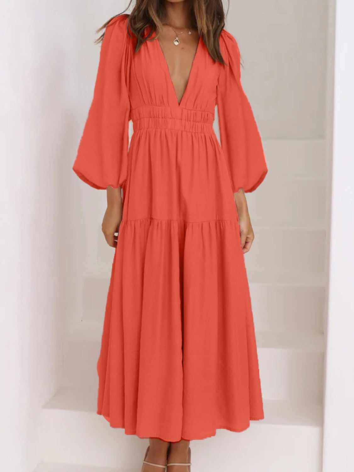 Deep V-Neck Balloon Sleeve Plain Maxi Dress Strawberry - Fashorio