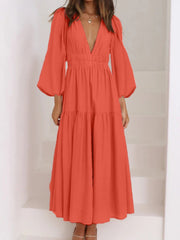 Deep V-Neck Balloon Sleeve Plain Maxi Dress Strawberry - Fashorio