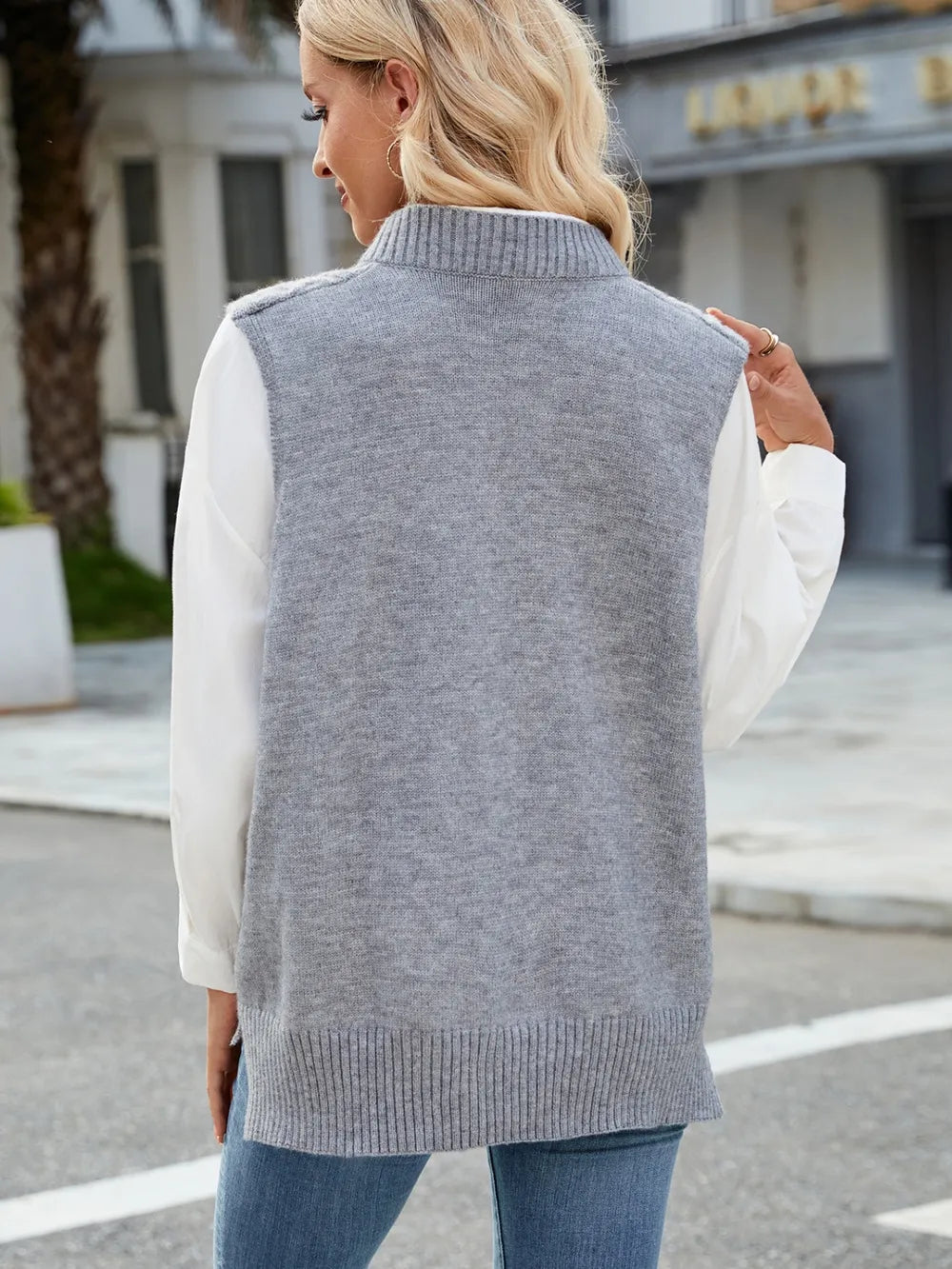 Cable Knit V Neck Sweater Vest in Gray styled look