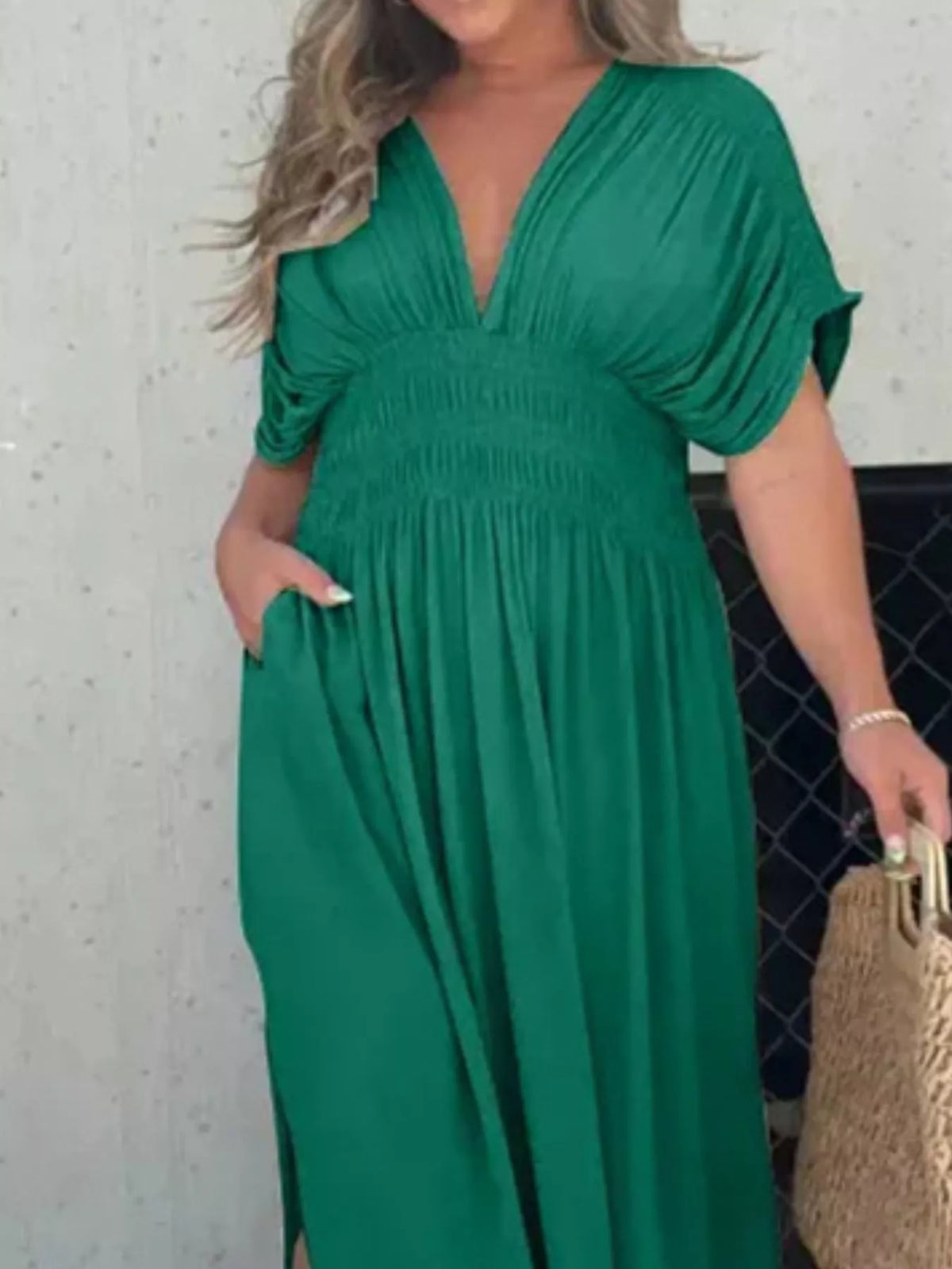 Slit V neck smocked waist maxi dress front view