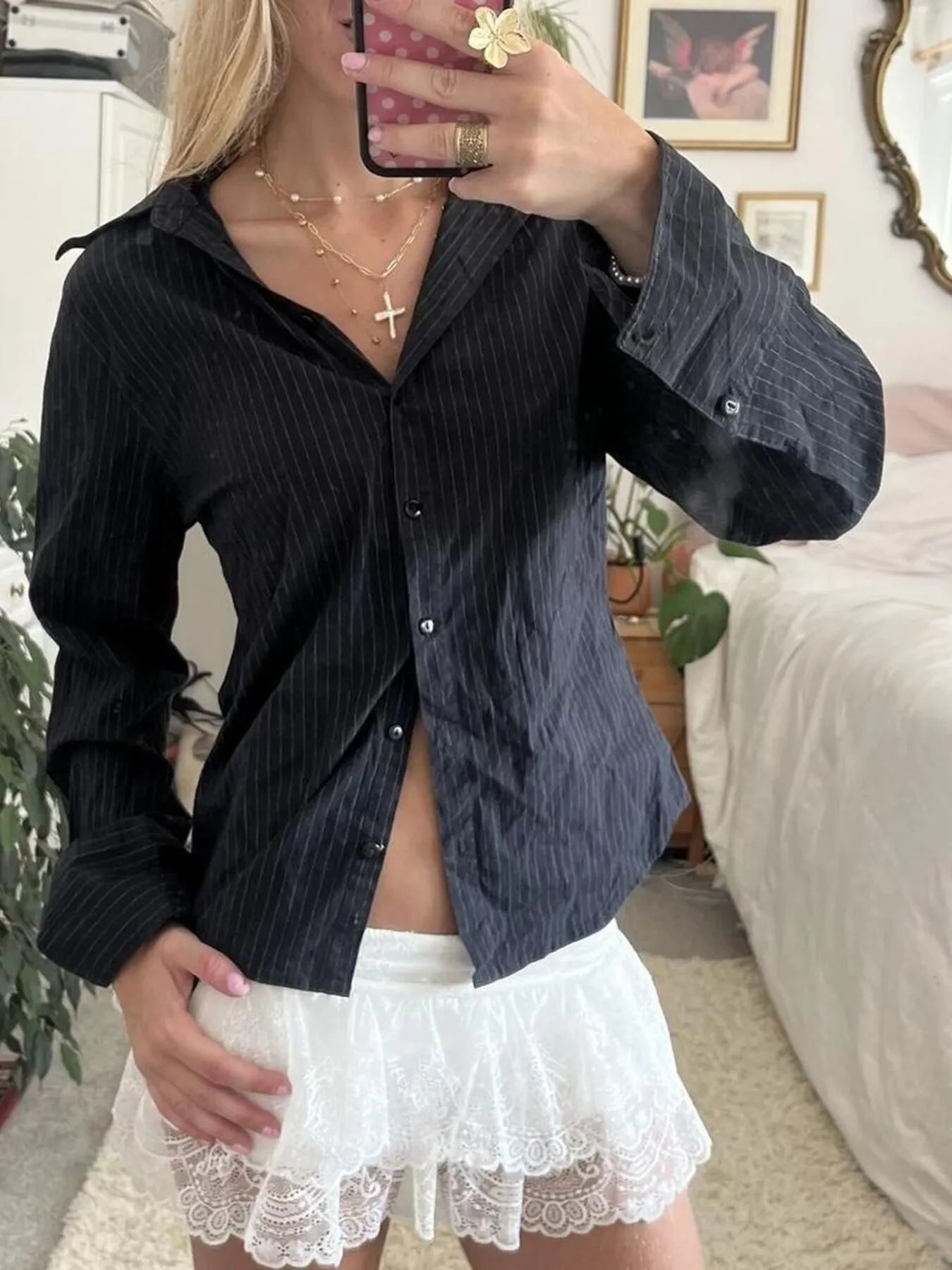 Printed Button-Down Long Sleeve Shirt Black - Fashorio