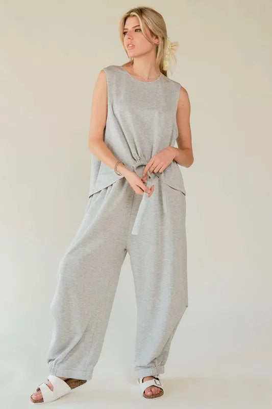Davi & Dani Drawstring Hem Round Neck Tank and Pants Set HEATHER GREY - Fashorio