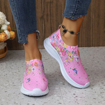Rhinestone Floral Print Sneakers Pink - Fashorio