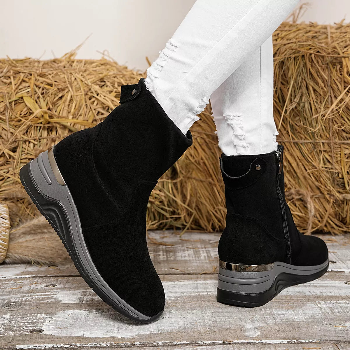 suede wedge heel ankle boots top down view