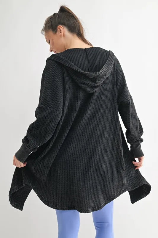 MONO B Chunky Waffle Mineral Wash Hooded Open Cardigan - Fashorio