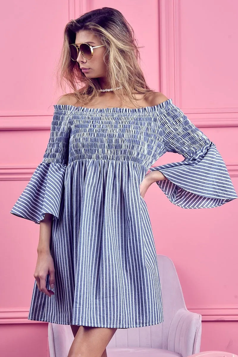 Smocked Off Shoulder Striped Dress view 7