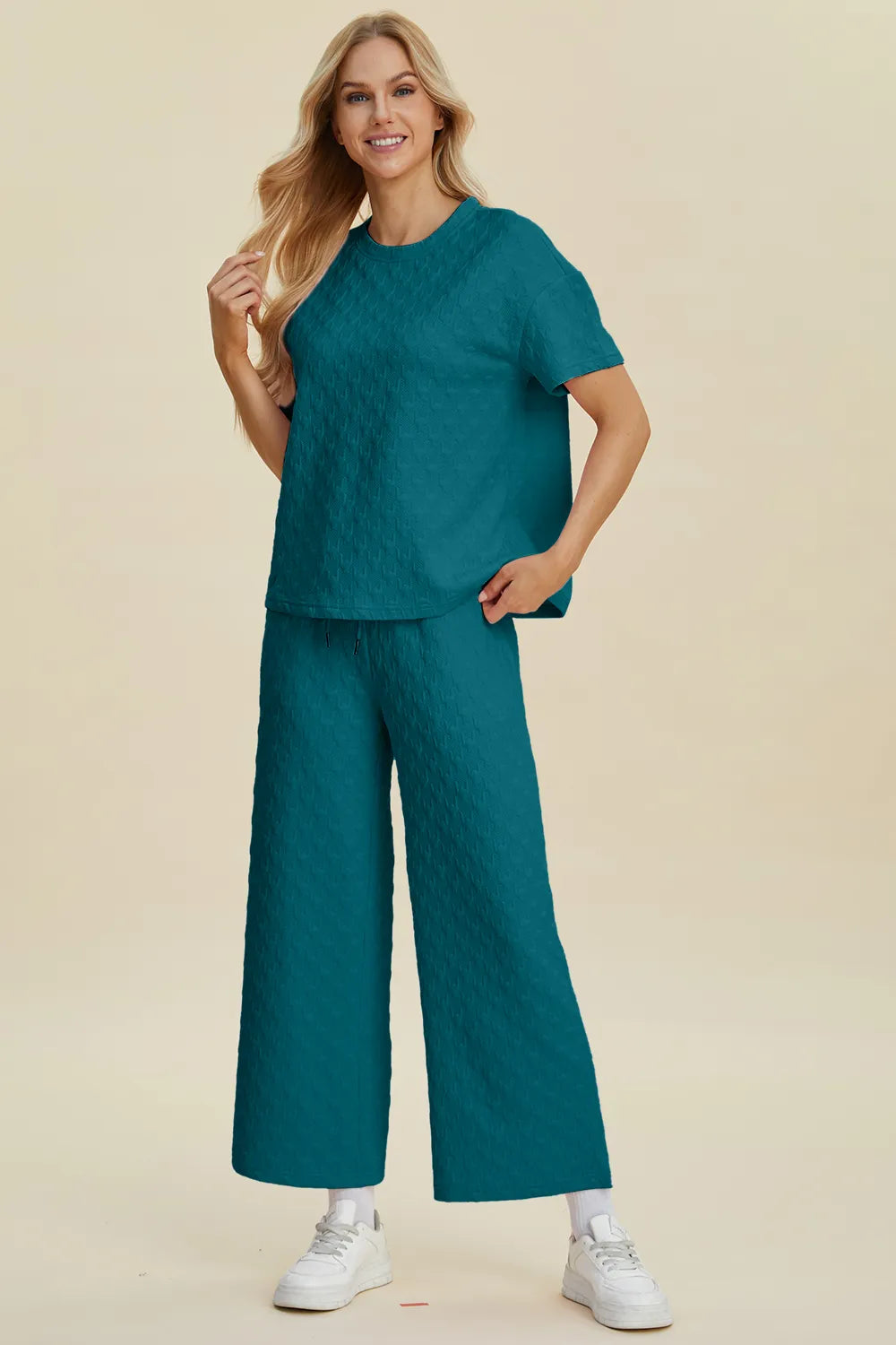 Double Take Full Size Texture Round Neck Short Sleeve Top and Pants Set - Fashorio