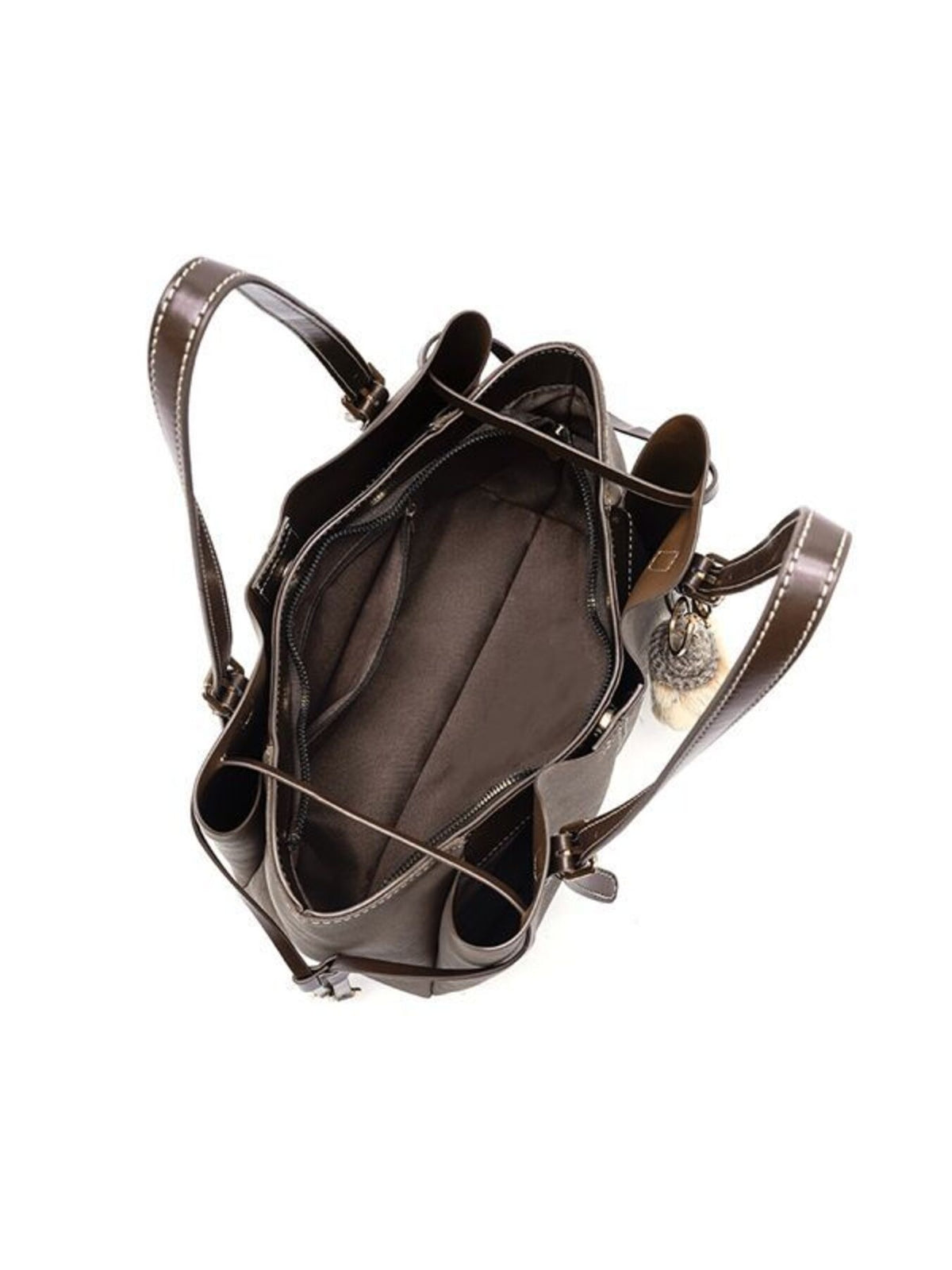 Model carrying brown PU leather shoulder bag