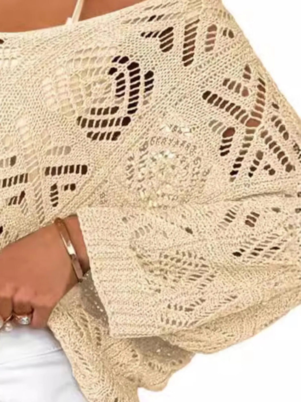 openwork 3/4 sleeve knit cover up side view