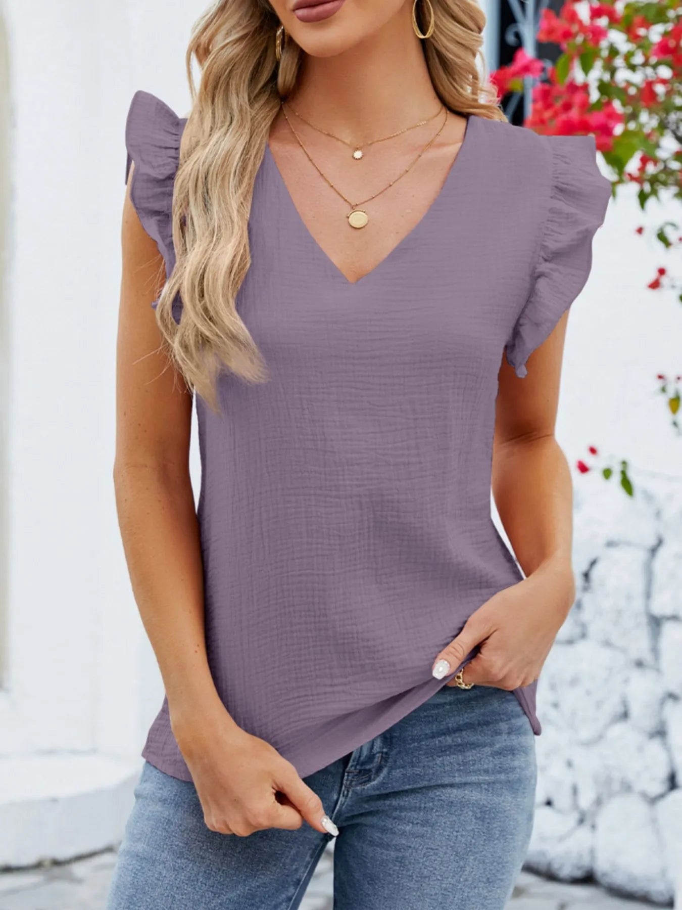 V-Neck Ruffled Sleeve Top - Fashorio