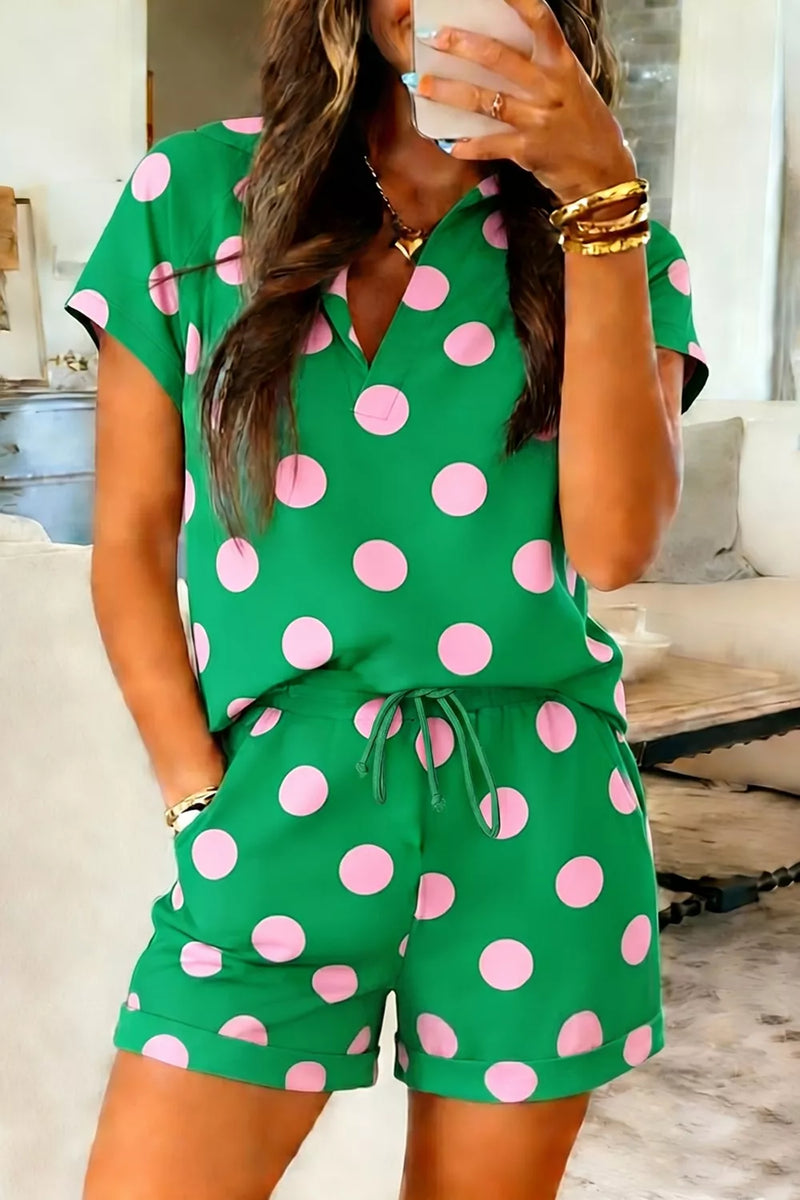 Polka dot V neck tee and shorts set front view