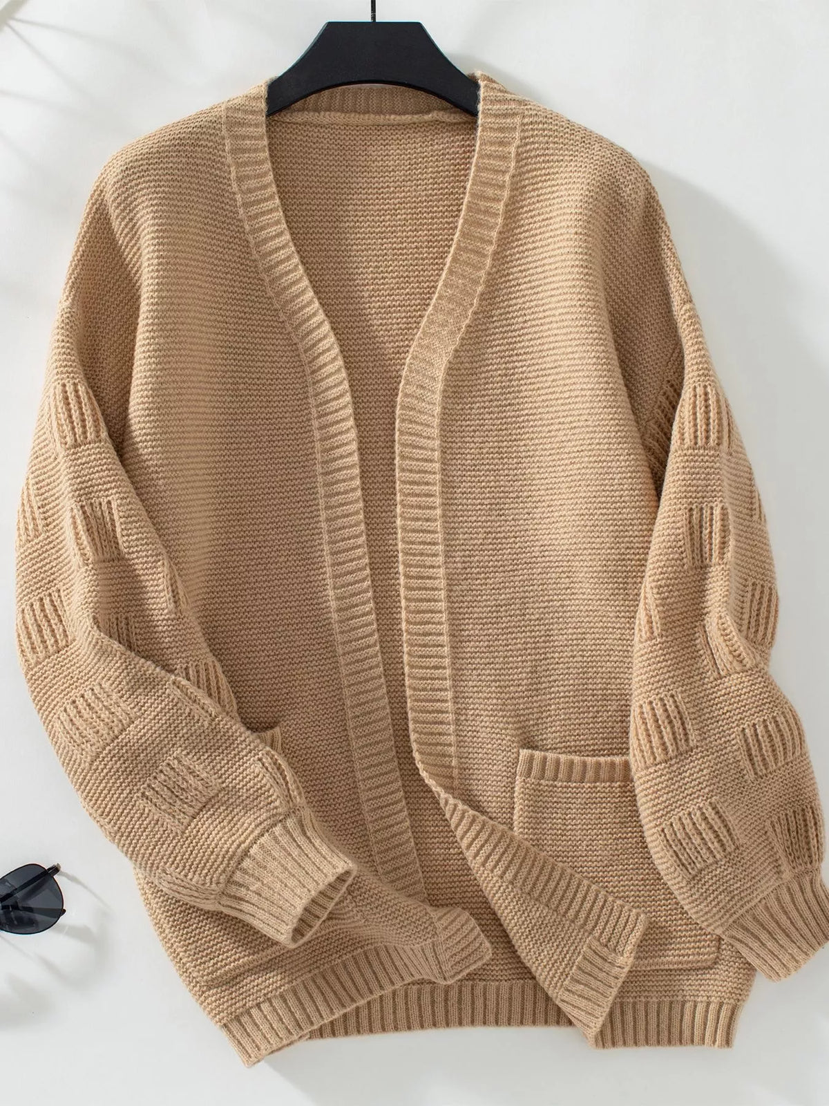 textured knit open front cardigan back view
