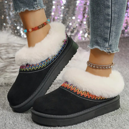 Fur-Lined Platform Boots with Decorative Woven Strap - Fashorio
