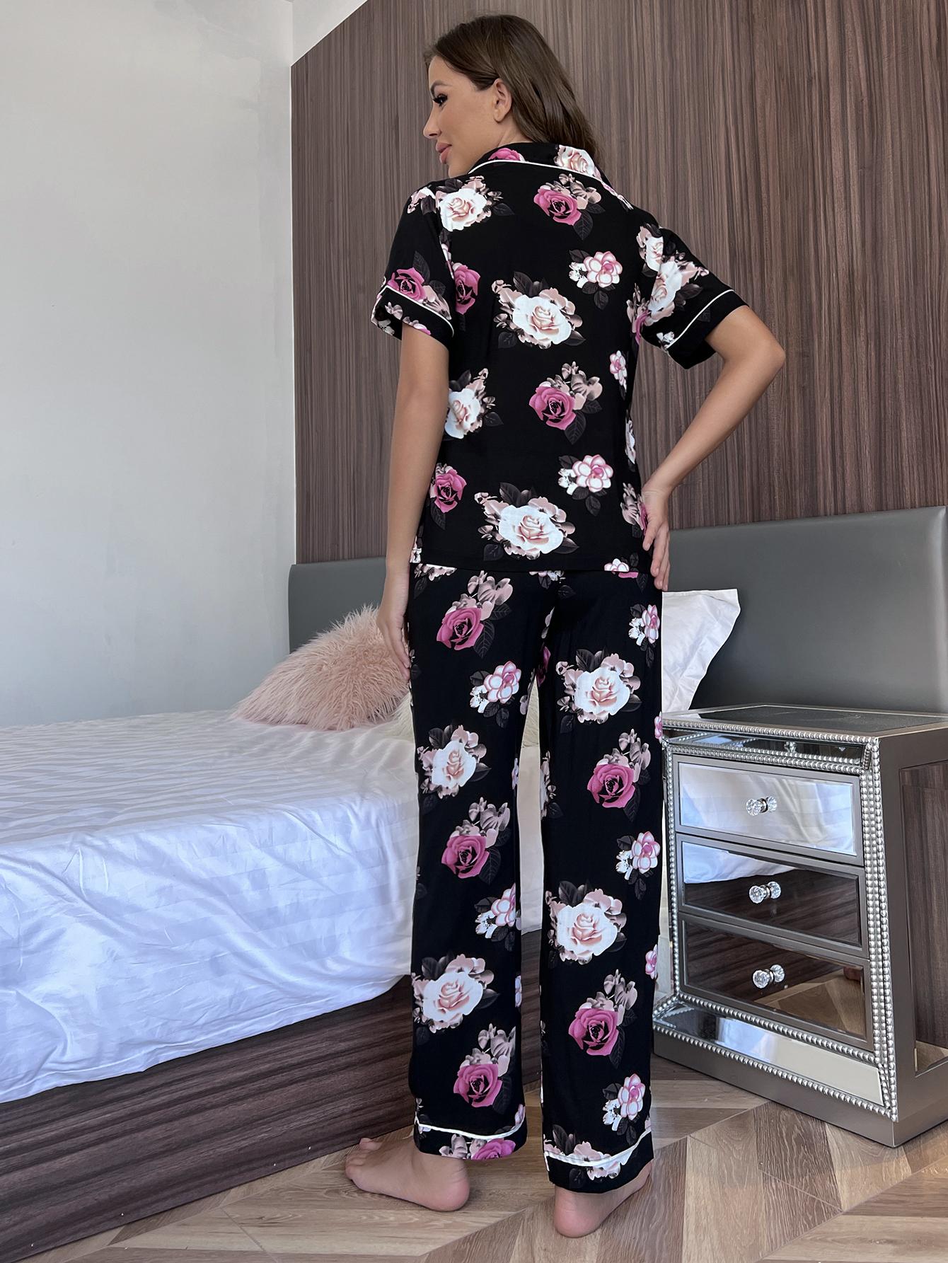Floral Short Sleeve Shirt and Pants Lounge Set - Fashorio