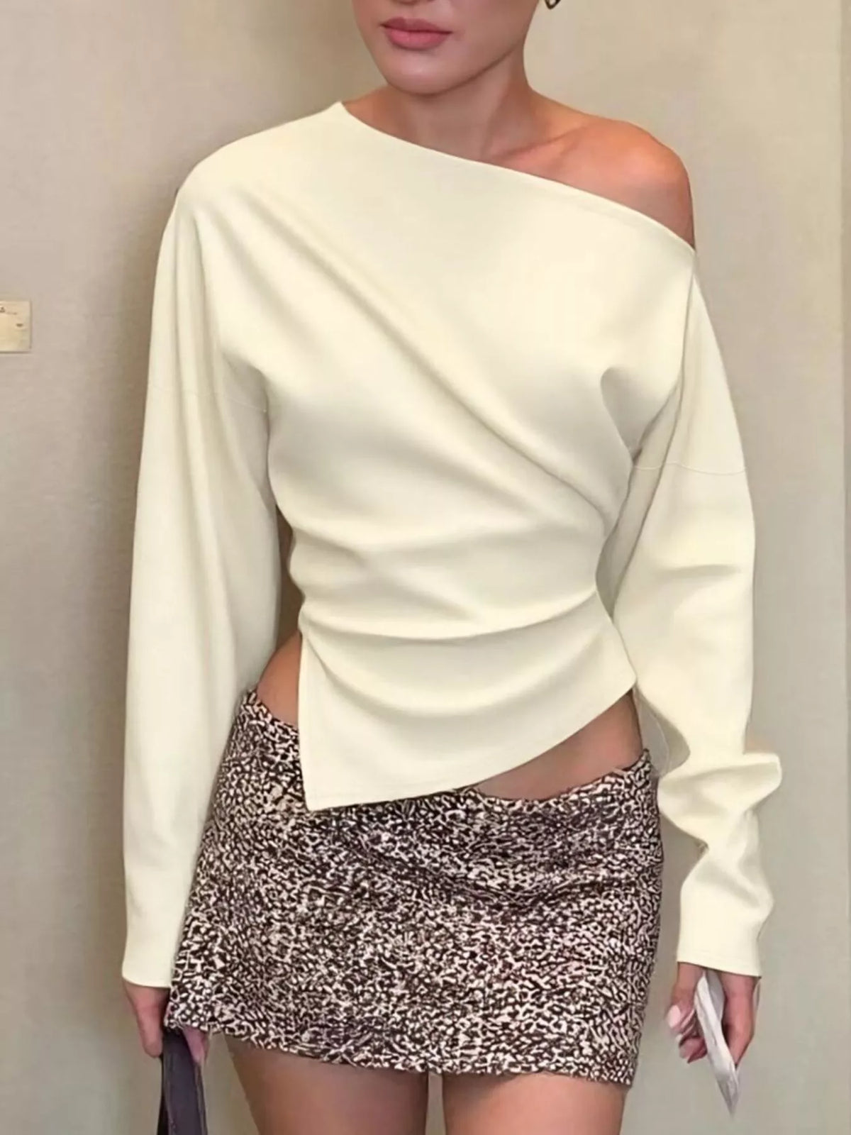 Sable asymmetrical off shoulder long sleeve tee, front view