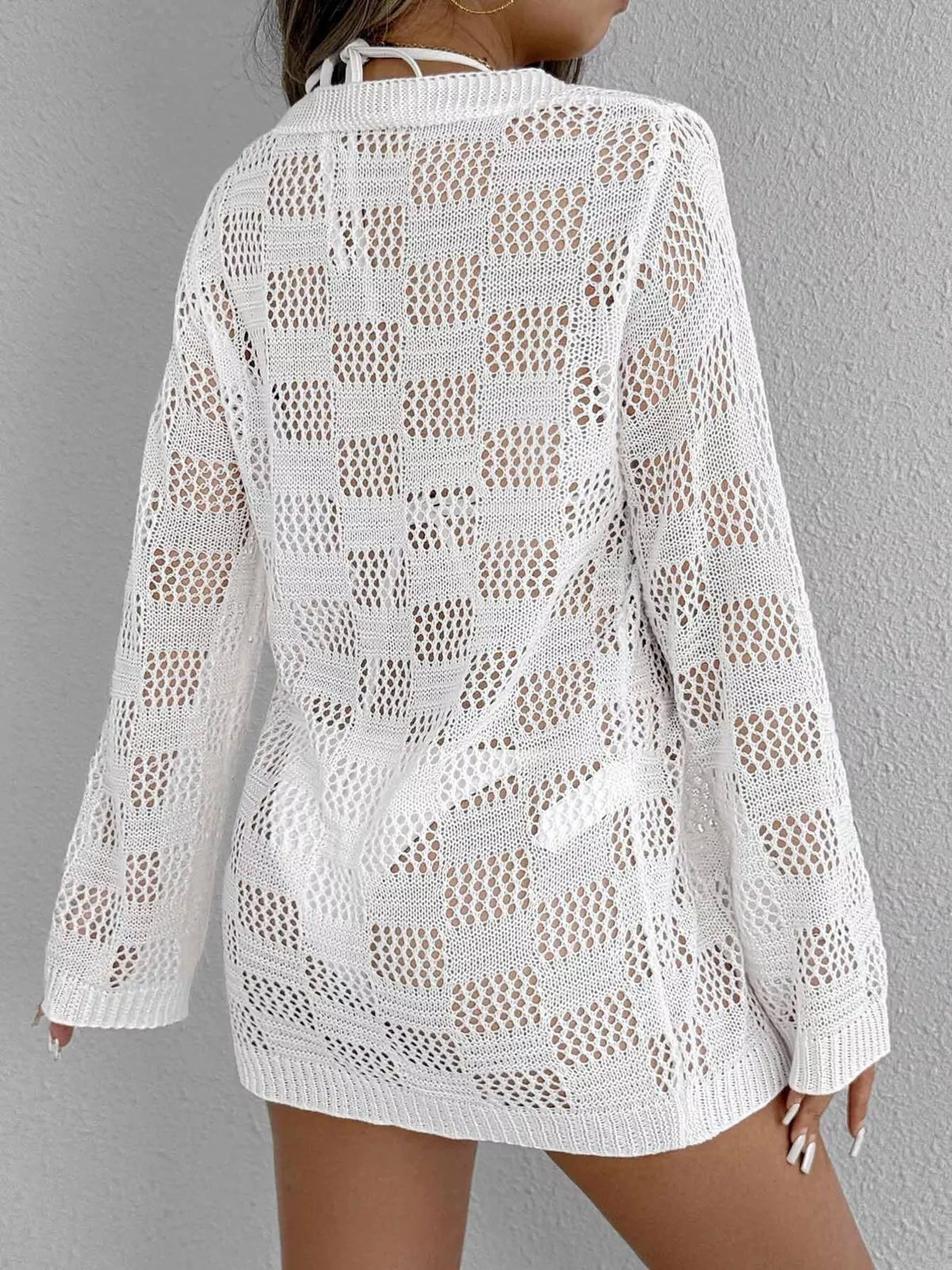 Crochet tie front swim cover up, close up of the detail
