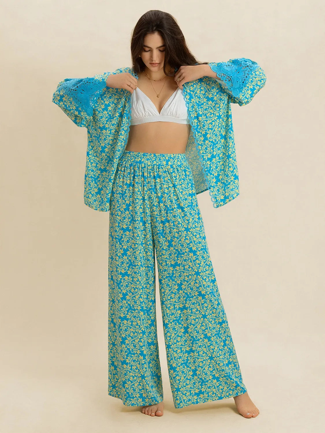 Open front top and pants set side view