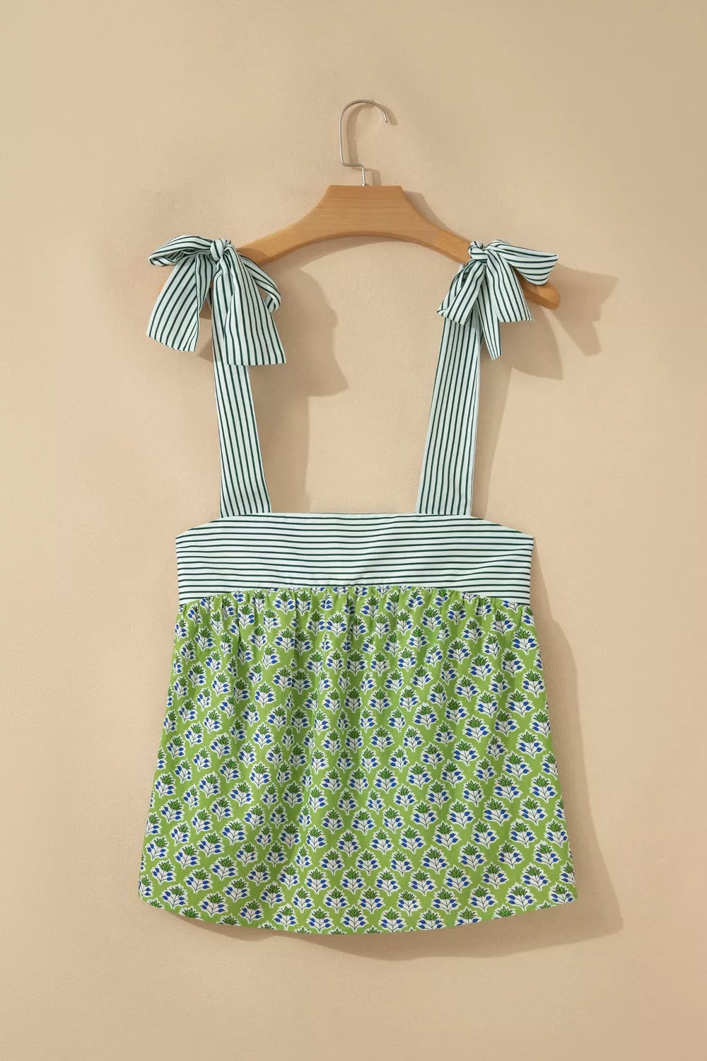 Matcha green floral print tie strap tank styled view