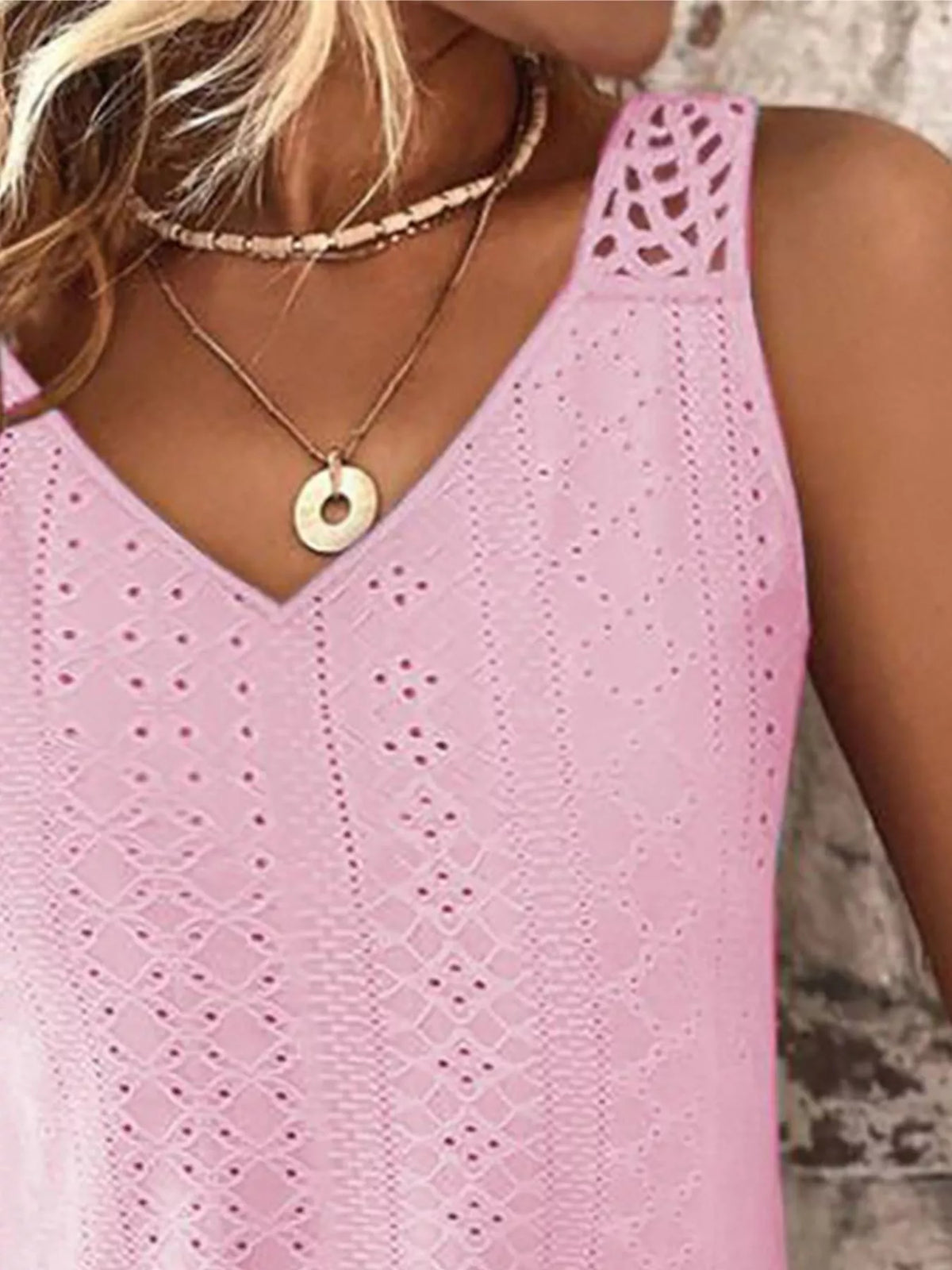 Shamara eyelet trim tank top detail and hem view