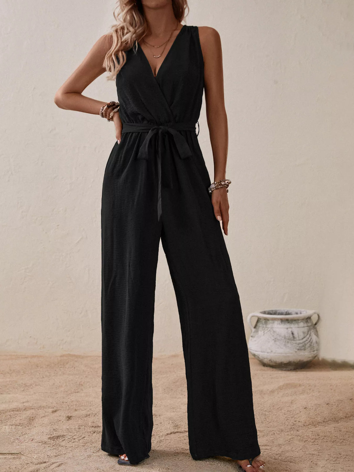 Sleeveless tie waist wide leg jumpsuit side view