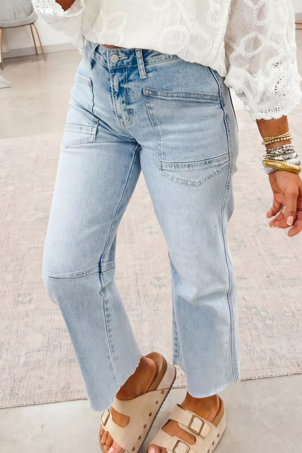 Straight leg jeans showing utility pockets