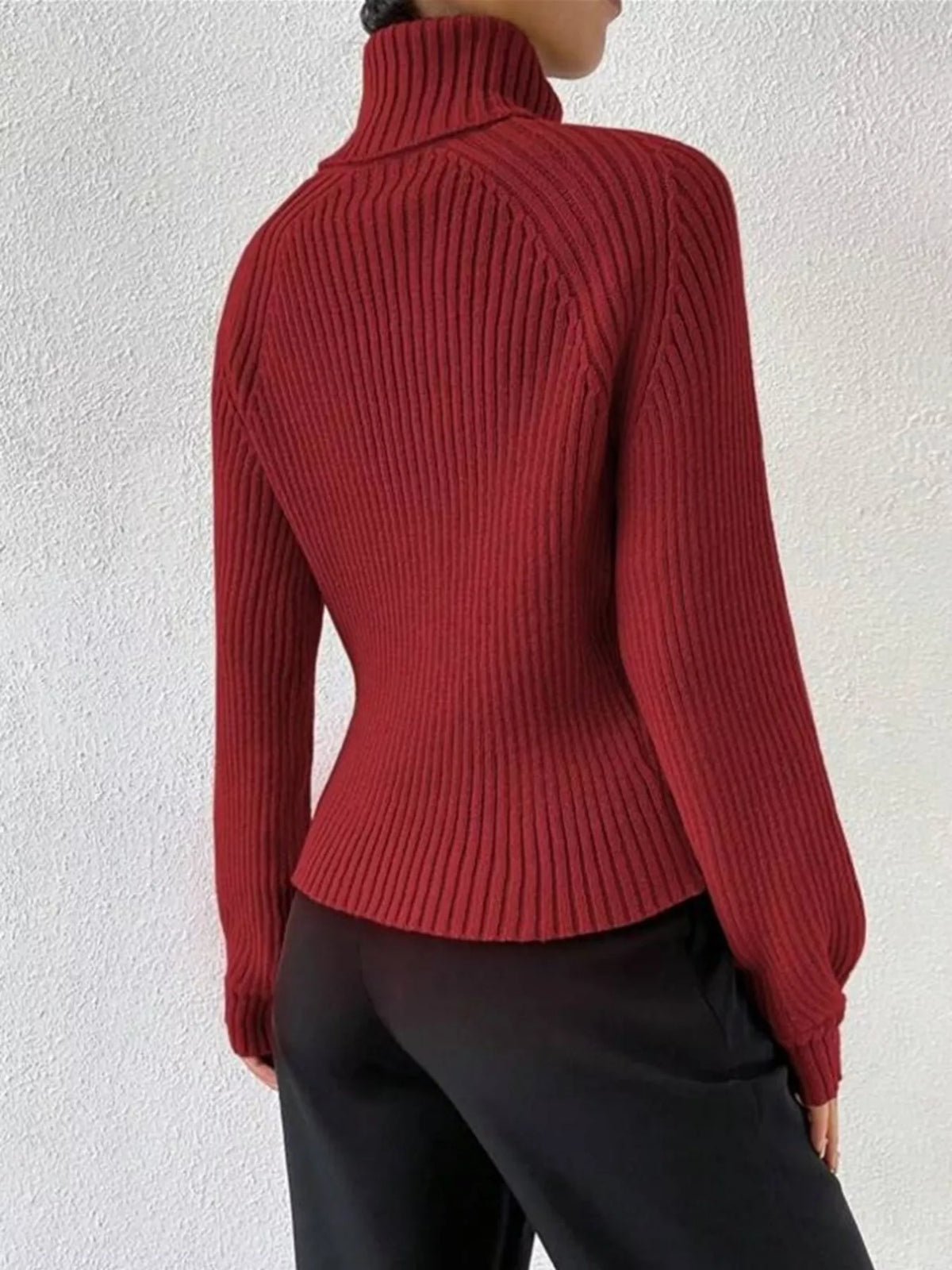 Ribbed high neck sweater detail