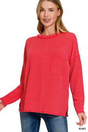 Zenana Long Sleeve Drop Shoulder Rib Top RUBY - Fashorio