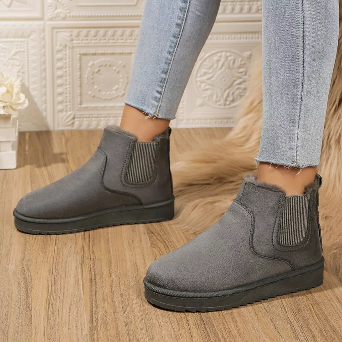 round toe platform boots paired with a dress