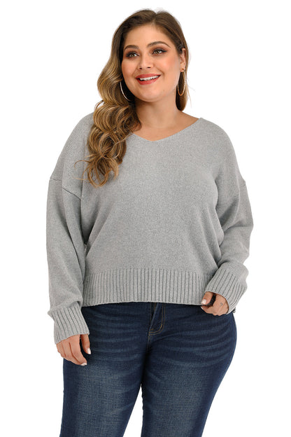 Plus Size V Neck Pullover Sweater - Fashorio