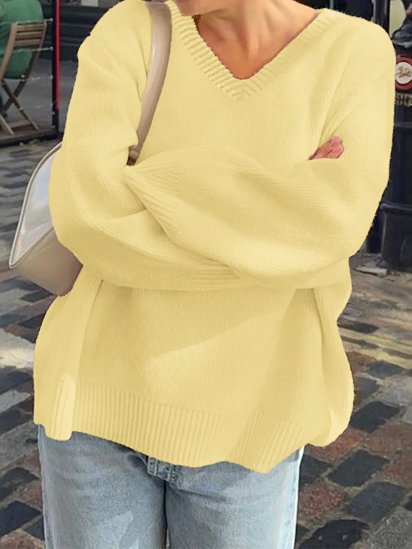 V-Neck Long Sleeve Sweater Light Yellow - Fashorio