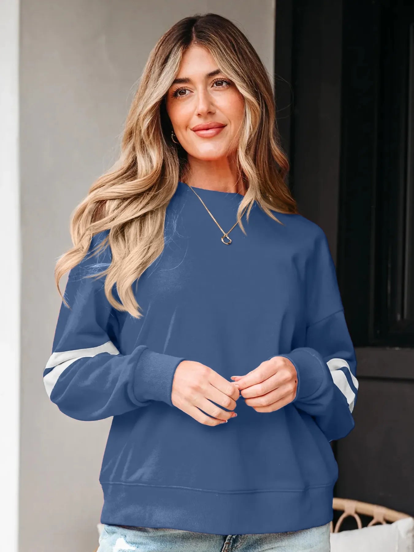 Stripe Round Neck Long Sleeve Sweatshirt - Fashorio