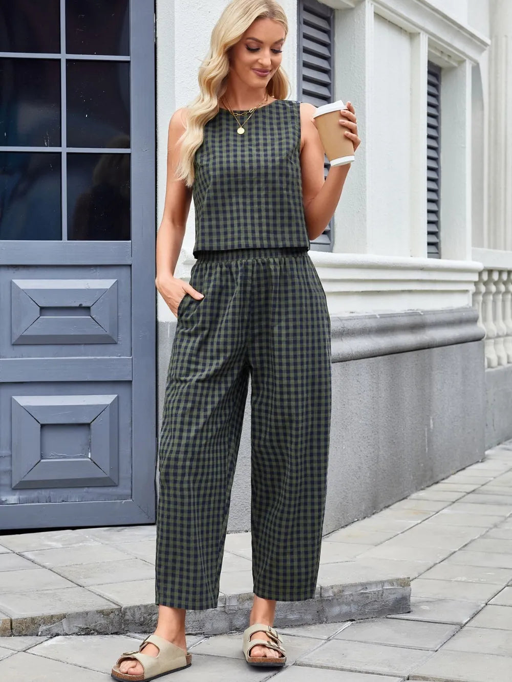 Plaid Sleeveless Top and Pants Set view 10