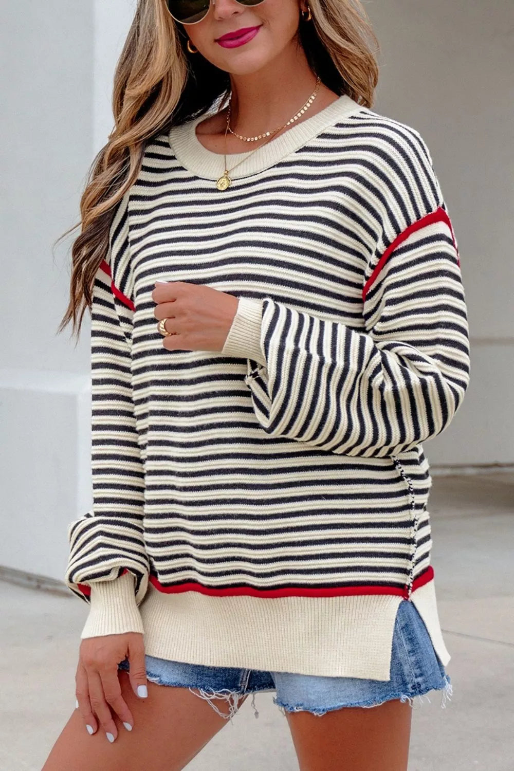 Striped Ribbed Drop Shoulder Oversized Sweater styled look