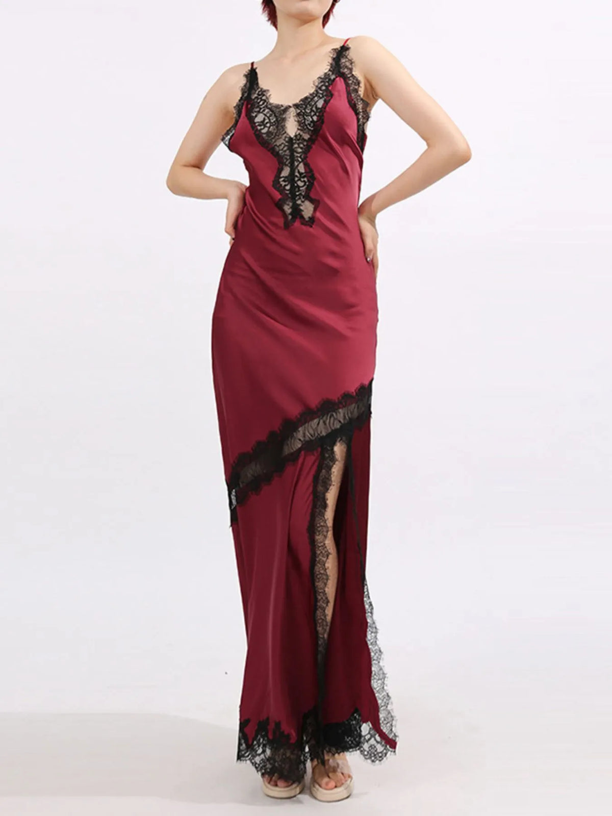 Burgundy slit lace detail maxi cami dress back view