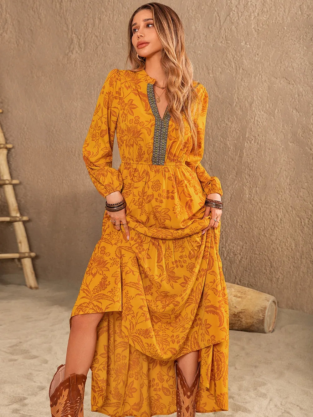 Printed notched balloon sleeve maxi dress in mustard detail view