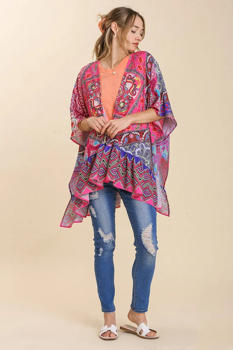 Open front ruffle cover up in mixed print