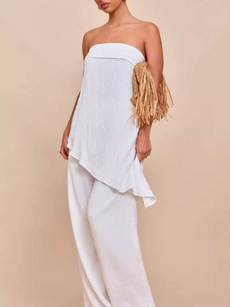 White asymmetrical hem tube top and pants set