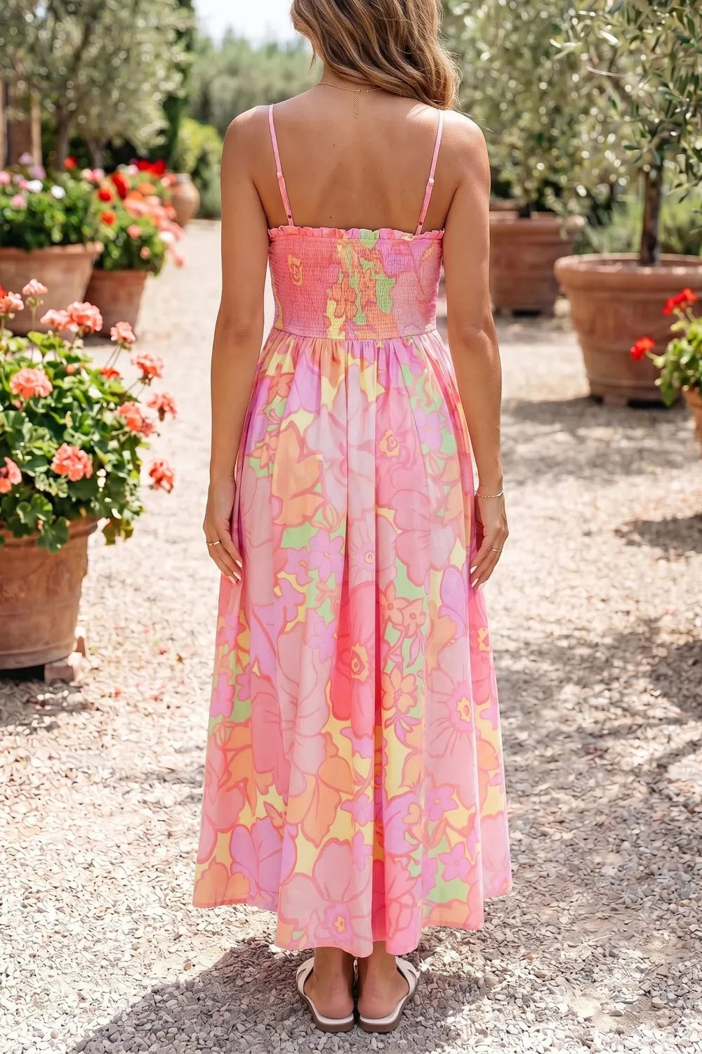 Close up of the smocked bodice and floral print