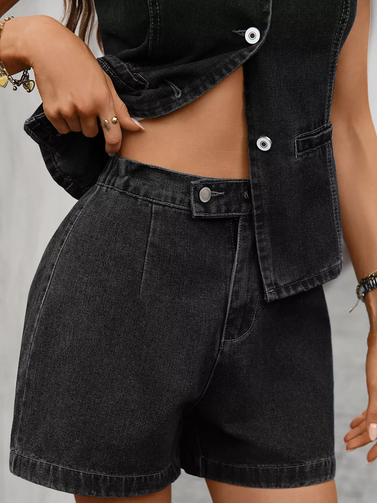 Denim vest and shorts coordinated look
