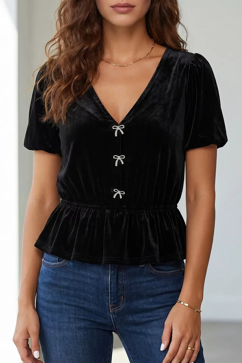 Black V neck bow peplum short sleeve blouse front view